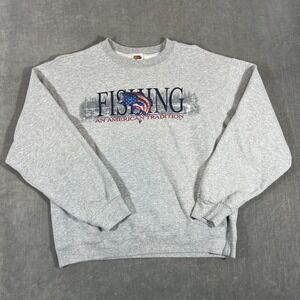 Fishing American Flag Mens Large Gray Graphic Sweatshirt Heavy Cotton